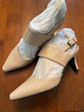 Life Stride Taupe Pointed Slingback Heels with Wide Strap